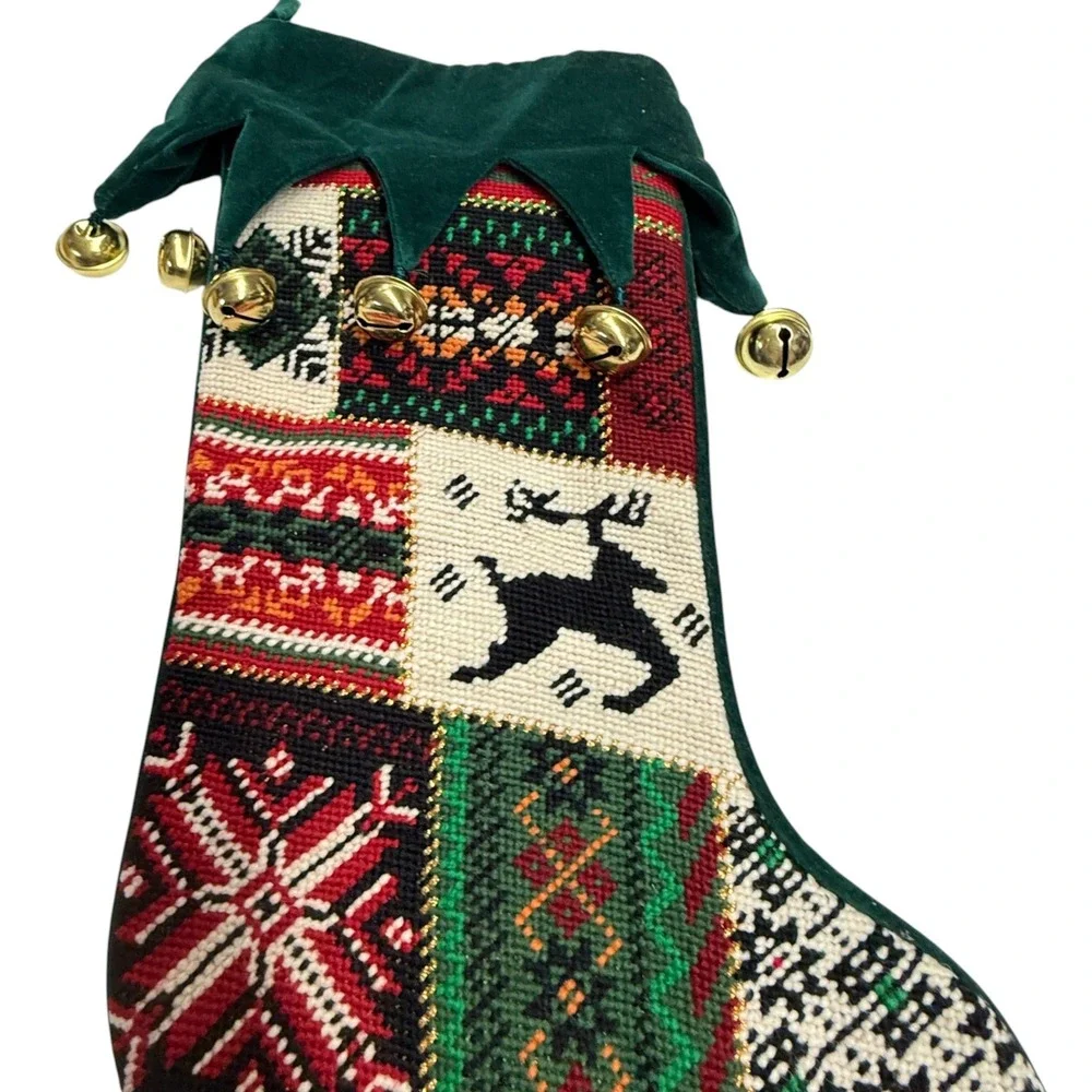 Vintage Patchwork Christmas Stocking‎ Reindeer Snowflake Bells Green Velvet Top